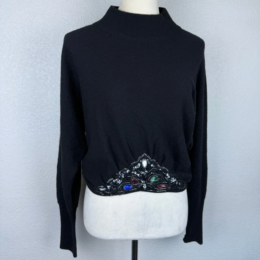 Vintage Le Pull Over Irene Leung Wool Black Mock Neck Beaded Gem Sweater Knit
